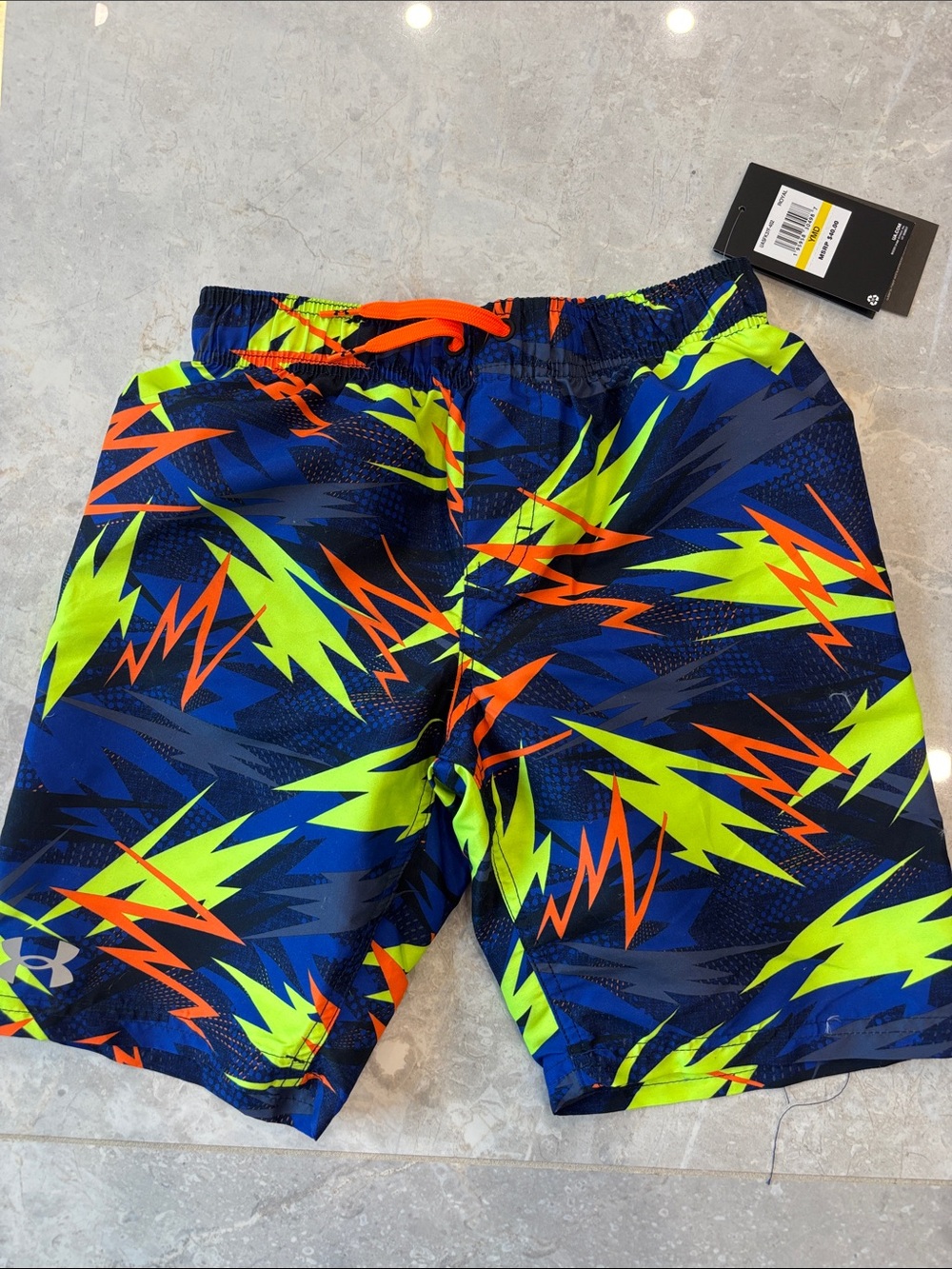 Under Armour Boys Navy Neon Green Orange Lightning Swim Shorts